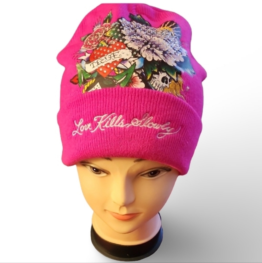 Ed Hardy "Love Kills Slowly" Tattoo Beanie Hat Pink Skull Roses‎ OS NWOT